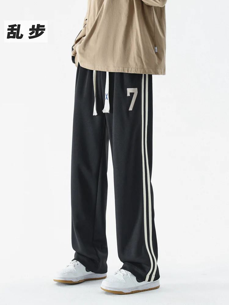 

Мужские летние повседневные брюки в американском стиле с полосками, универсальные широкие брюки свободного кроя, прямые спортивные длинные брюки, молодежная мода