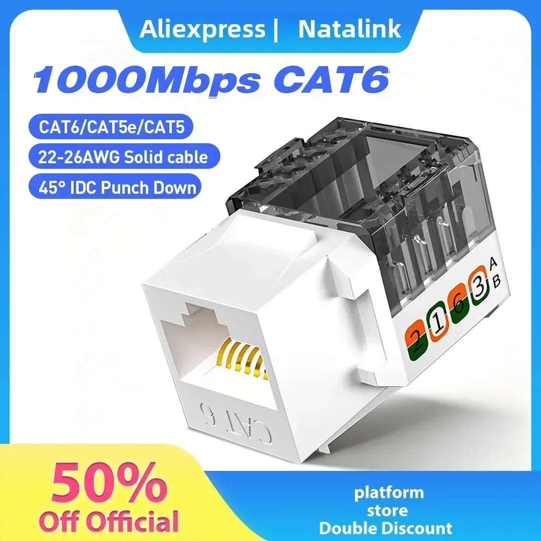 Natalink CAT6 RJ45 Keystone Jack,1000Mbps Gigabit Network Module,45° IDC Terminals,22-26AWG ,for Network Outlet Patch Panel