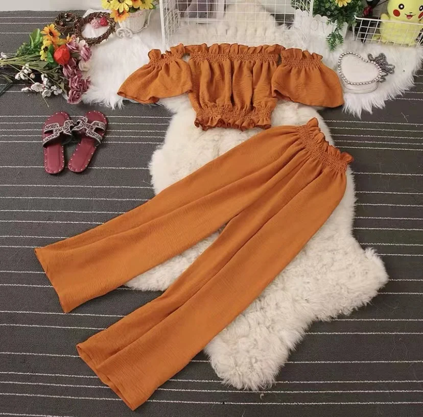 Fashion Suit Women's 2022 Summer New One-shoulder Off-the-shoulder Tube Top + High Waist Wide Leg Pants Nine-point Trousers