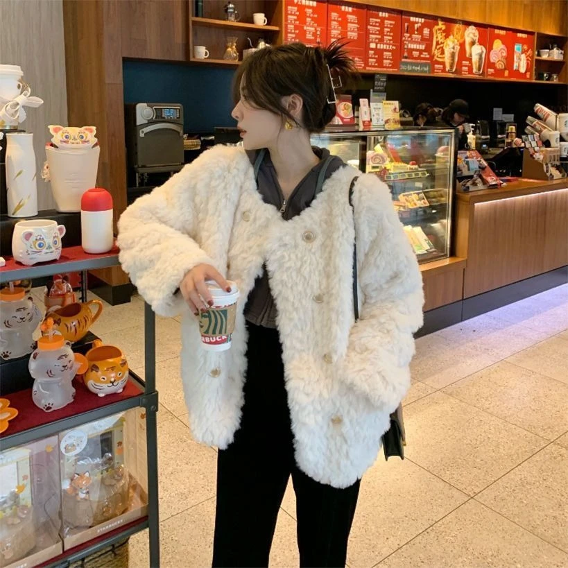 Lamb Fur Jacket Women's Loose Thickened Winter New Style White Fluffy Cotton Coat Long Sleeve Holland Collar No Hat