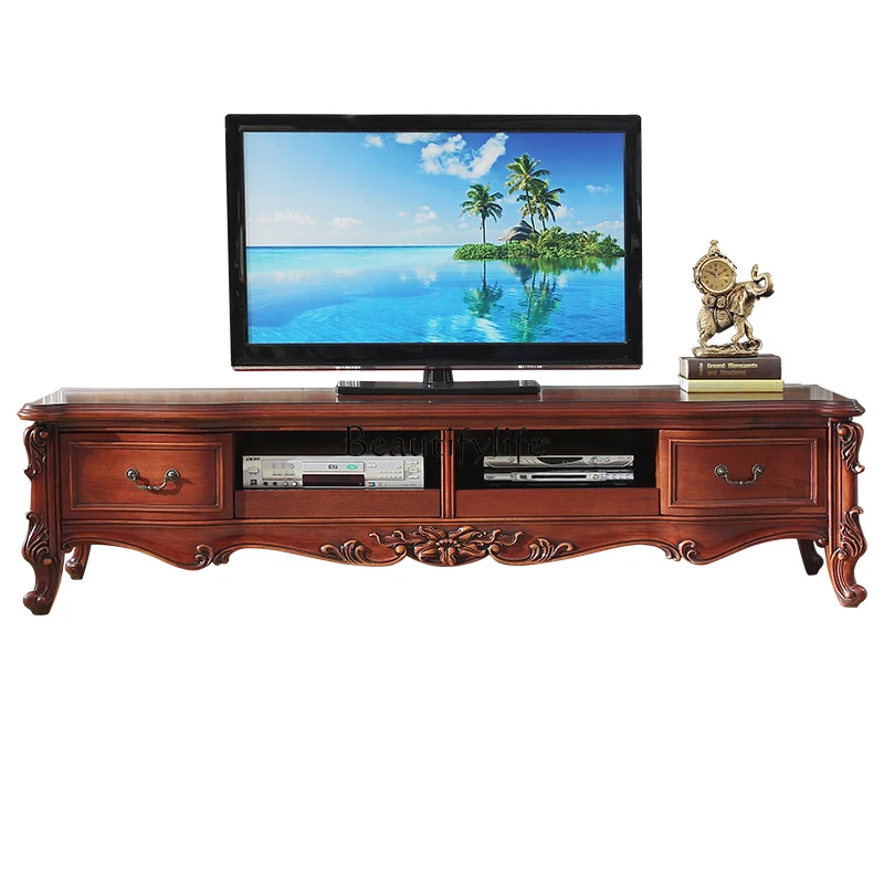 

American 2.0-meter all-solid wood TV cabinet living room European-style carved floor cabinet