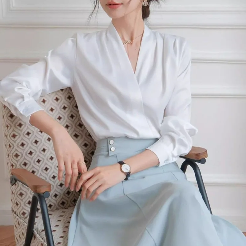 

Женская рубашка с длинным рукавом, модные женские блузки, атласный топ, женские рубашки и блузки, базовые женские топы, OL, женская одежда TT1129