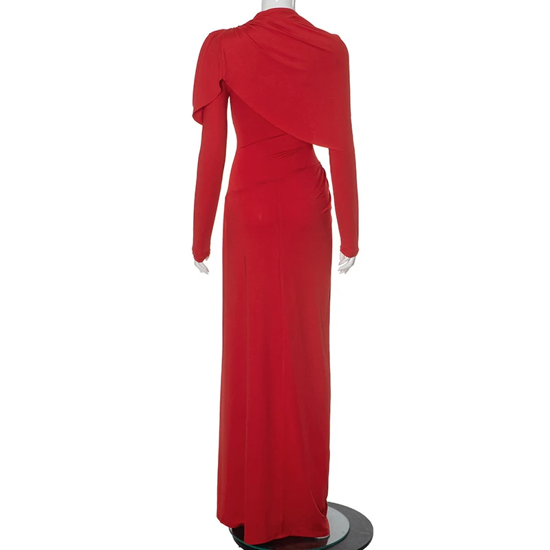 BKLD New Years Party Banquet Evening Dress For Women Irregular Ruched Long-sleeved High Waist Bodycon Fashion Red Charming Robes