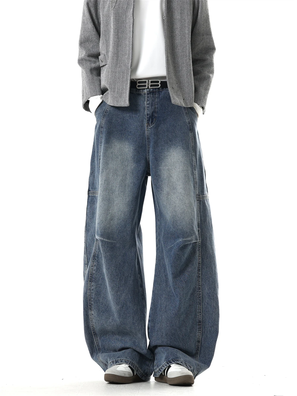 

American Retro Blue Knife Straight Leg Men's Jeans Spring Autumn Winter Trendy Loose Fit Casual Wide Leg Pants for Youth