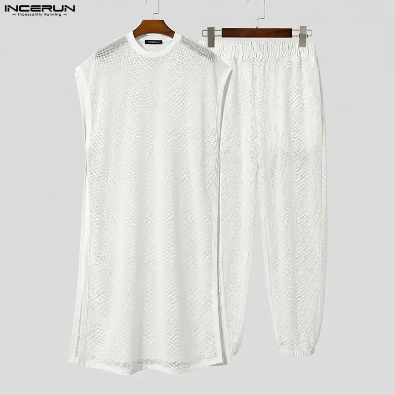 INCERUN Men Sets Mesh See Through Sleeveless Irregular Vests Pants Two Piece Sets Streetwear Sexy 2026 Fashion Men Matching Sets view 4