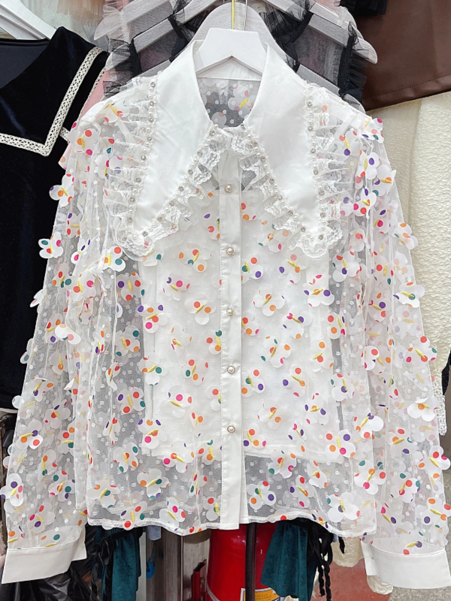 

2024 Spring Autumn New Korean Style Sweet 3D Butterfly Embroidered Chiffon Blouse Heavy Beads Peter Pan Collar Shirts Top