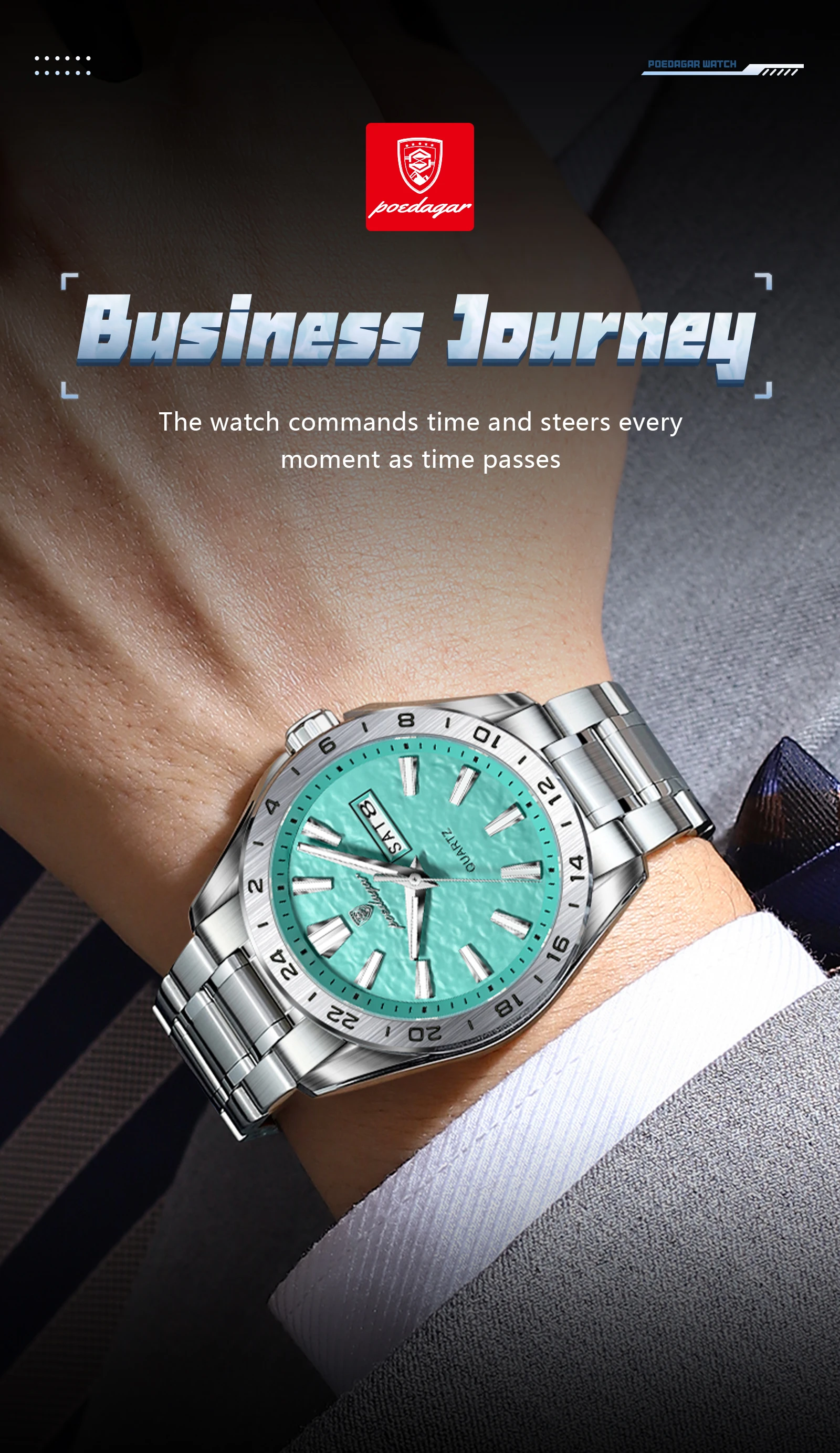 POEDAGAR Top-Mode Herrenuhr, Business, Leuchtend, Wasserdicht, Edelstahl, Herrenuhr mit Datum, Wochentag, Quarz, Sportuhr, Herrenuhren, Reloj – Detail 4