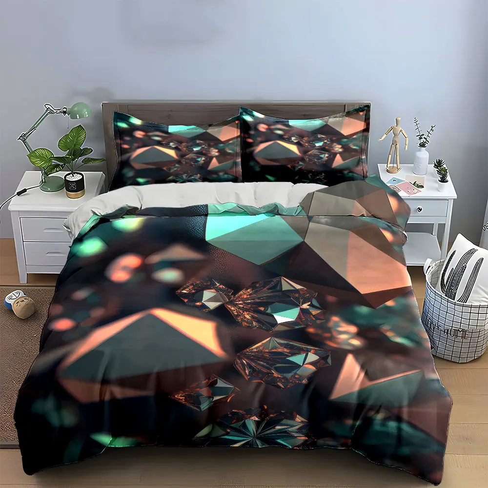Iridescent Teal Brown Crystal Gem Duvet Cover Set, 3D Geometric Stone Bedding Includes 1 Duvet Cover And 2 Pillowcase, Gift