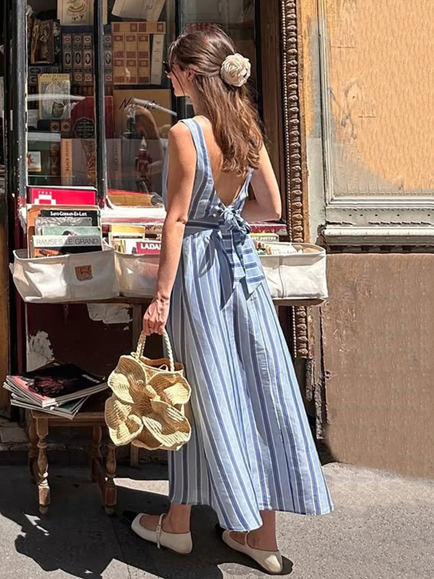 Marthaqiqi Striped Loose Ladies Nightgown Suit O-Neck Pajamas Tank Top Nightie Crop Top Sleepwear Long Skirts Casual Nightie Set