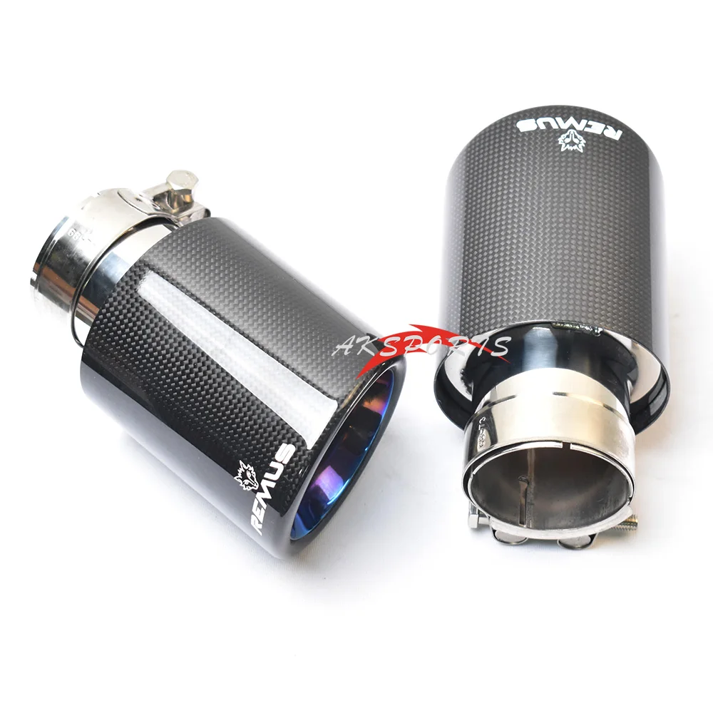 1Pc Car Exhaust Straight Flange Glossy Carbon Tail End Tip Blue Stainless Steel Bevel Muffler Pipe