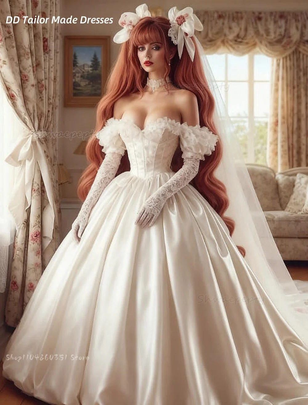 فستان الزفاف الخيالي خارج الكتف قصيرة الأكمام الأبيض الساتان الكرة ثوب زي العرائس حبيبته العنق رداء بسيط مخصص #1