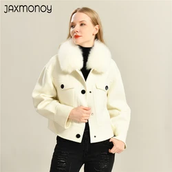 Jaxmonoy Women's Autumn Wool Jacket with Real Fur Collar High Quality Short Cashmere Coat Ladies Fashion Spring Outerwear New