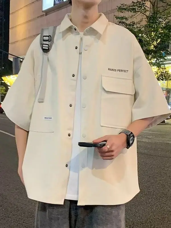 قميص رجالي صيفي رقيق بأكمام قصيرة من الحرير الصناعي، تصميم فضفاض، ملابس خارجية عصرية من البوليستر للشباب، ملابس عمل مريحة