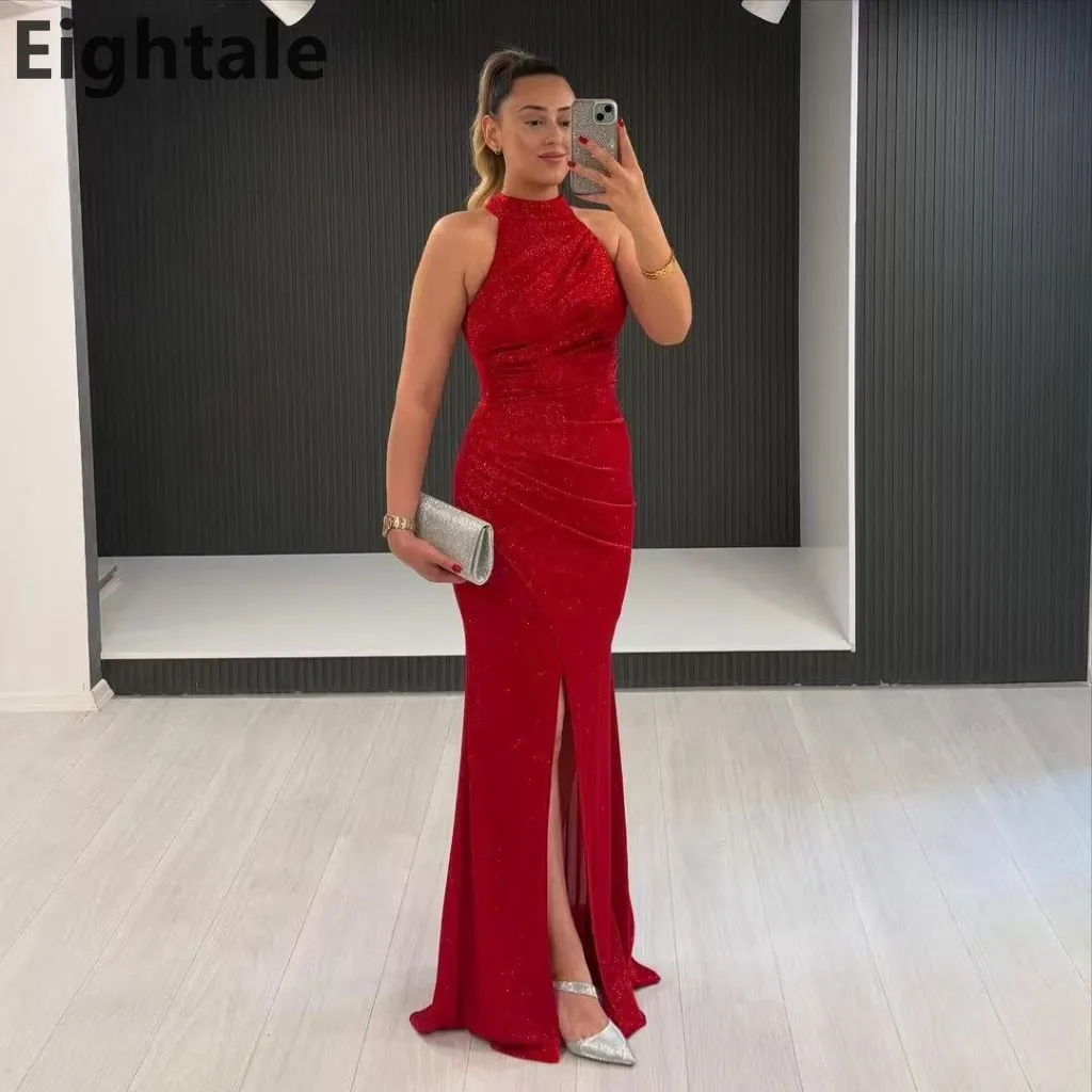 

Eightale 2025 Red Shining Mermaid Evening Dress for Women Halter Neck Slit Design Sexy Prom Gown Formal Party Customizable