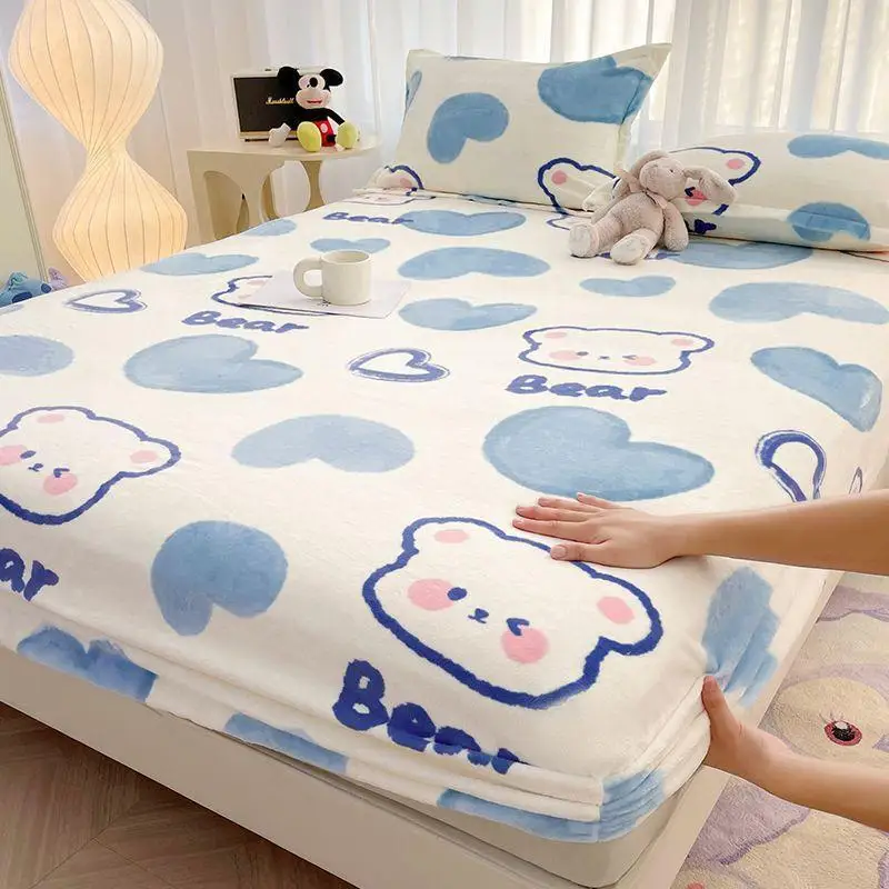 Cute Plush Fitted Sheet Cartoon Lotso Pooh Bear Non Slip Warm Mattress Protective Cover Home Soft Cute Fuzzy Coverlet Gift