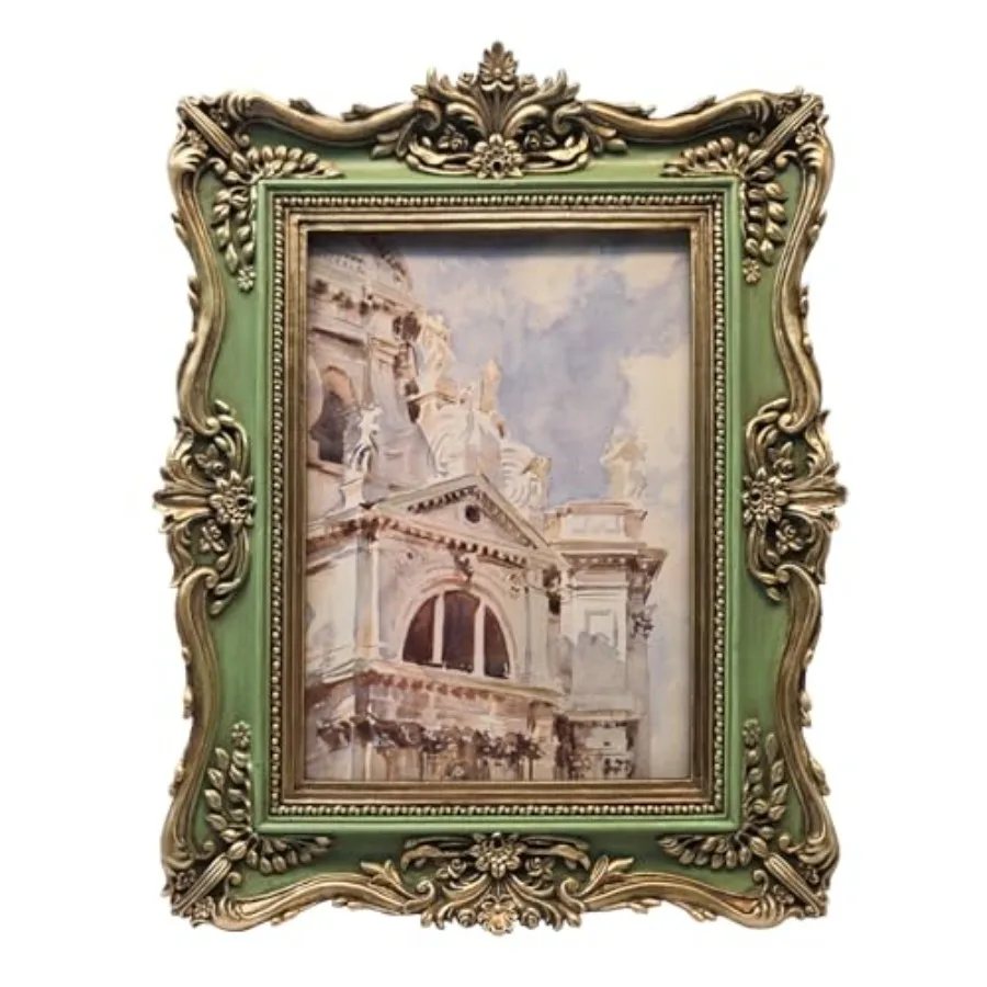 

5x7 Vintage Picture Frame, Antique Green and Gold Ornate Photo Frame for Wall Hanging or Tabletop Display, Retro Home Decor, Ph