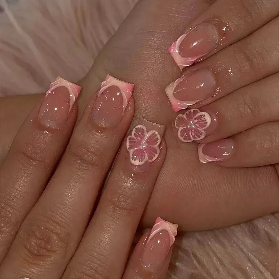 24 piezas de uñas postizas nude y blancas, cortas cuadradas, con pegamento, cubierta completa 2