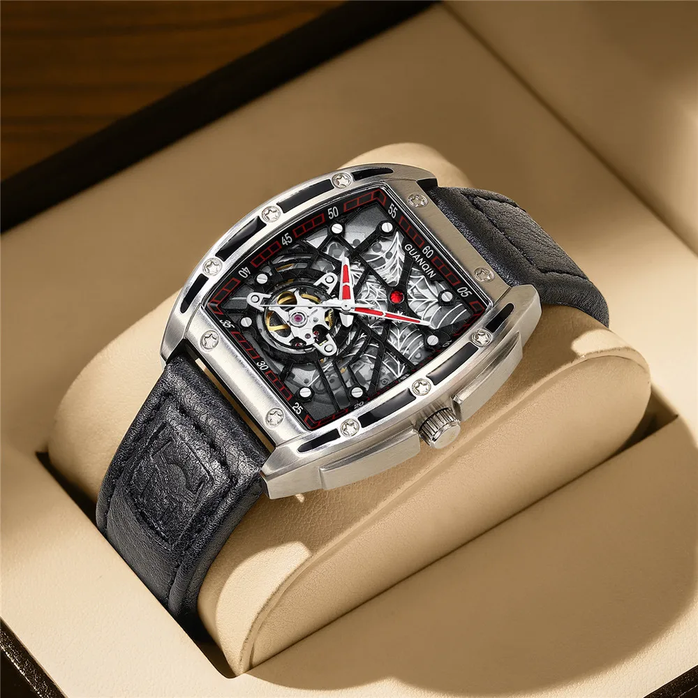 GUANQIN Luxury Men's Mechanical Wrist Watch Skeleton Design Leather Strap Sapphire Crystal Luminous Japanese Movement Waterproof