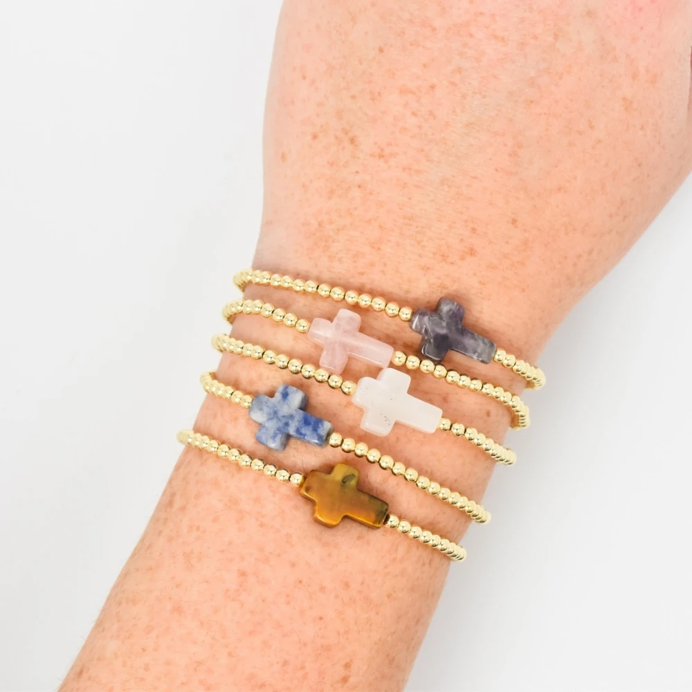 Kreuz-Armbänder für Frauen, Naturstein, 18K vergoldet, 3mm Kugelperlen, christlicher Schmuck, religiöses Geschenk, Boho, zierlich, verstellbar – Detail 2
