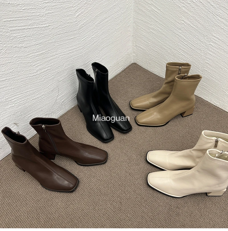 2023 New Autumn Design Heel Ankle Boot Fashion Square Toe Zipper Elegant Ladies White Casual Short Chelsea Boots Soft Leather PU