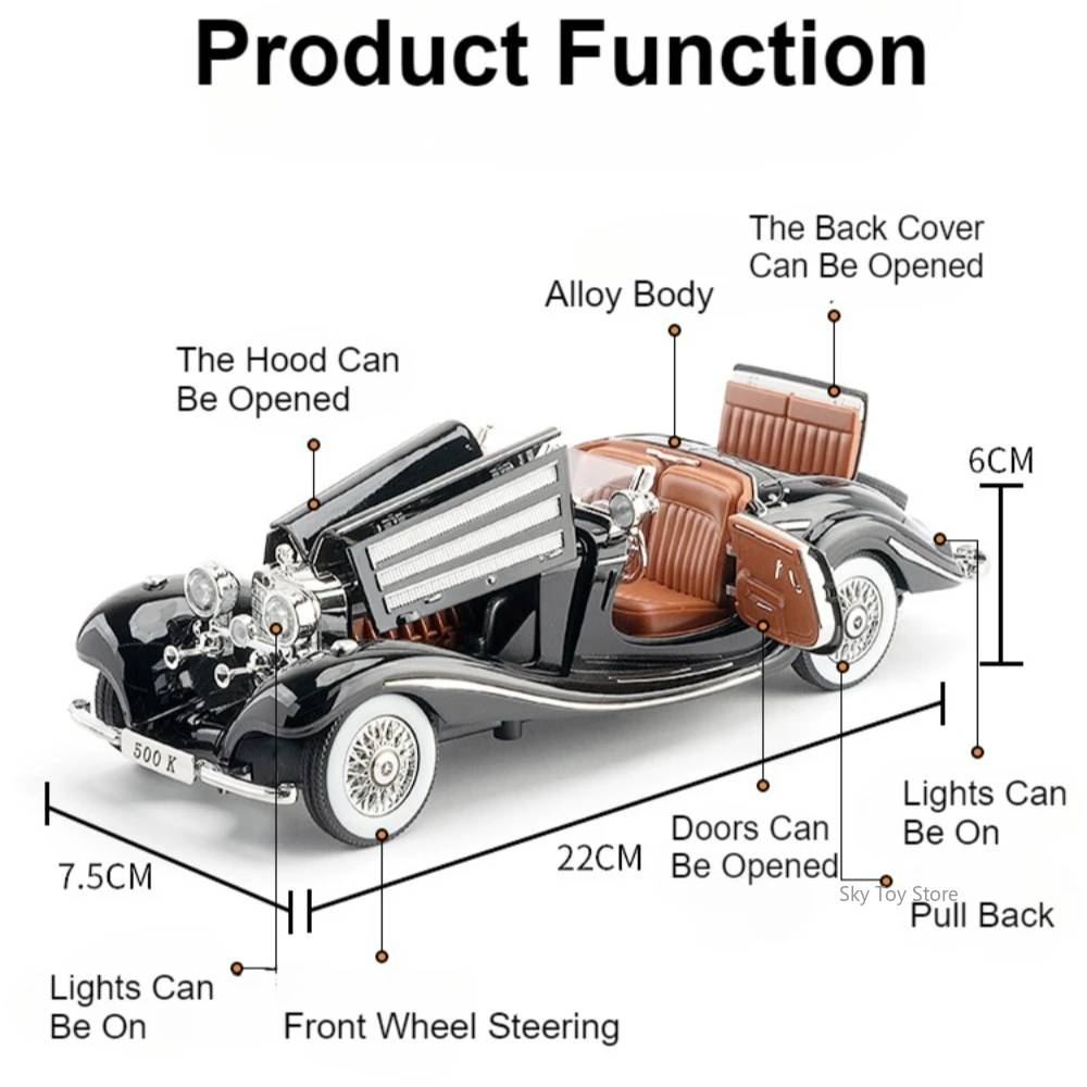 1:24 shelby cobra 500k brinquedos em miniatura carro modelo de liga fundida roda dianteira direção som luz puxar para trás carros vintage meninos presentes