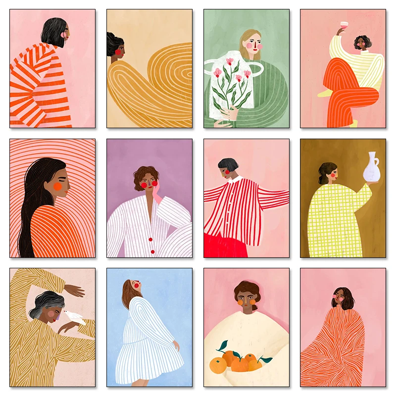 Farbenfrohe Linienstreifen Mädchen-Kunstposter Drucke Abstrakte Frauen-Leinwandmalerei Minimalistisches Porträt Wandkunst Illustration Heimdekoration