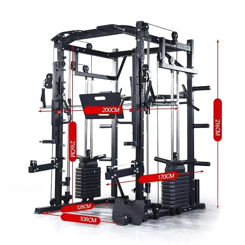 Smith Machine-Multifunction Power Cage with Smith Bar and Two LAT Pull-Down Systems and Cable Crossover Machine for Home Gym