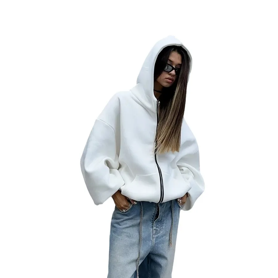 سويت شيرت بقلنسوة مطبوع على الظهر الأوروبي الأمريكي للنساء للخريف، سترة فضفاضة بسحاب للنساء