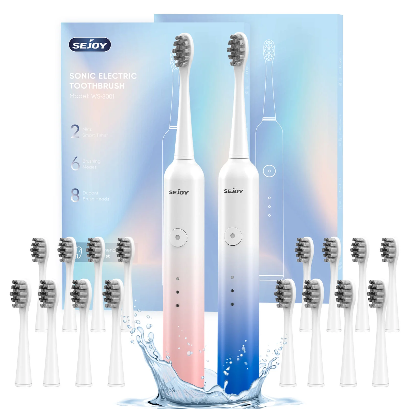 SEJOY Sonic Electric Toothbrush Rechargeable Power 8 Brush Heads 5 Modes Timer