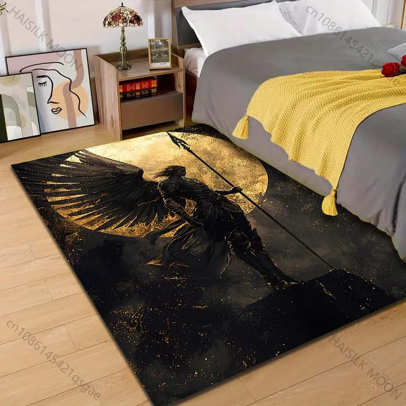 1PC Warrior with black wings, moon Print Carpet Rug for Living Room Bedroom Sofa Doormat Home Decor Non-slip Floor Mat