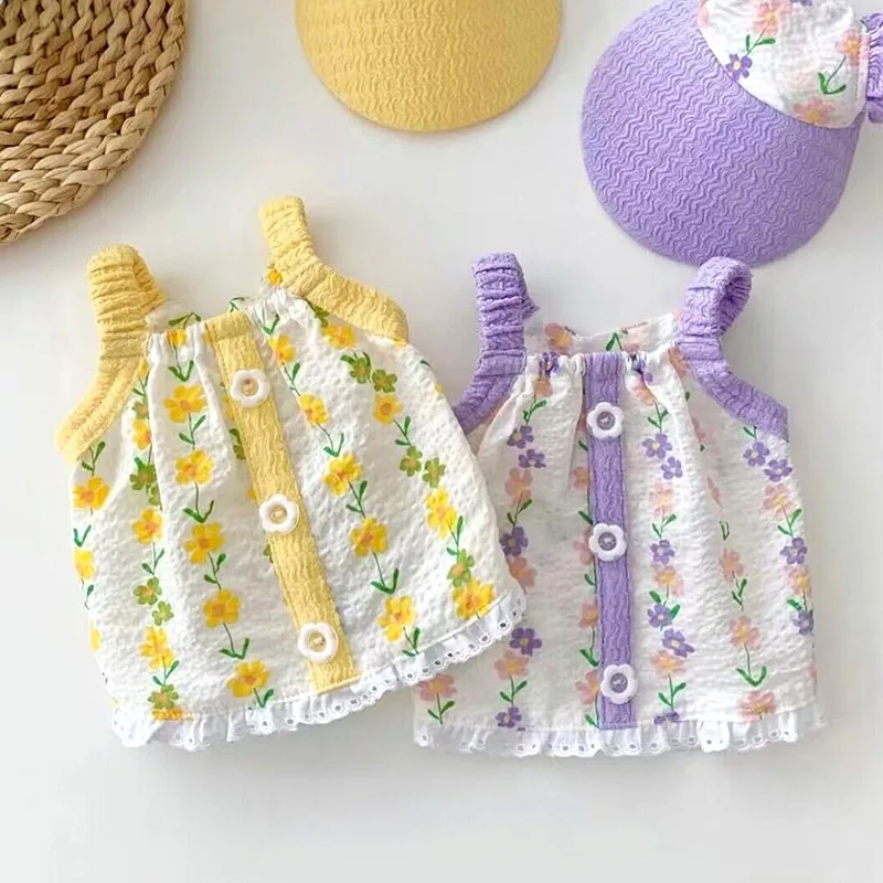 

Summer Thin Yorkshire Vest Flower Button Dog Skirt Small Fresh Pet Clothing Teddy Princess Dress Puppy Two Legs Clothes