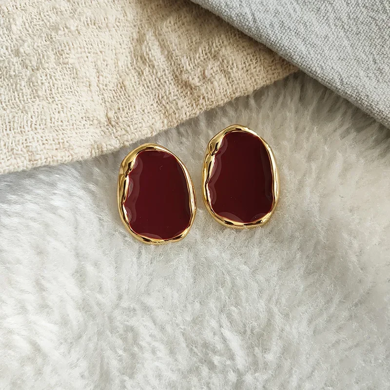 Wine Red Color Bean Irregular Geometry Stud Earring for Women Korean Style Jewelry Brincos Wedding Girl Gift