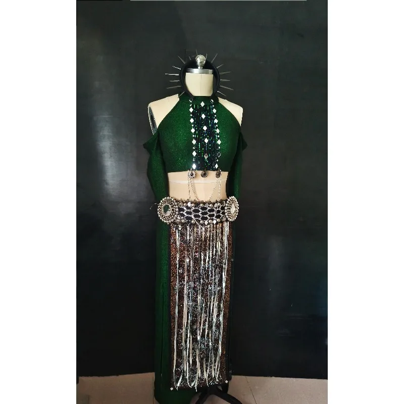 Traje de dança do ventre personalizado, traje de desempenho de fusão tribal, saia dupla, cinto, borla, cachecol de quadril