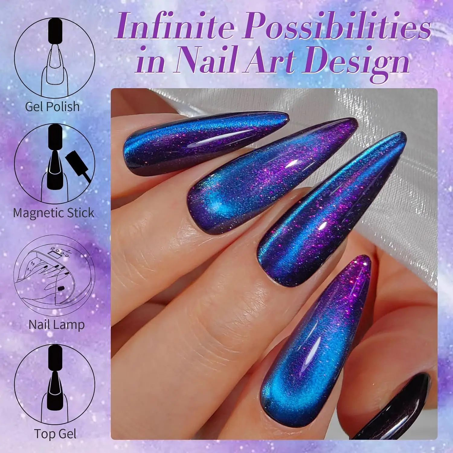 15ML Cat Magnetic Eye Gel Nail Polish, Blue Starry Sky Glitter Cat Magnetic Gel Nail Polish, Holographic Magnetic Nail Polish
