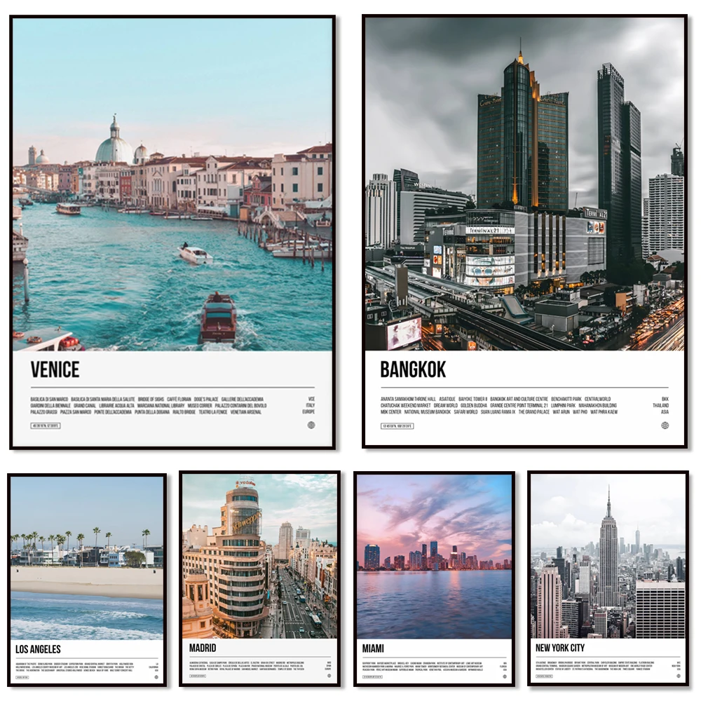 

Seattle, Venice, Los Angeles, Spain, Oakland, Miami, New York, Thailand, Vancouver city architecture photography travel poster