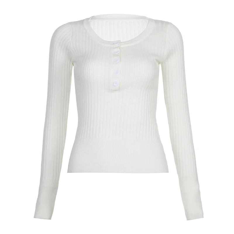 Darlingaga Casual White Buttons Knitted Sweater Women Basic Slim Autumn Pullover Korean Fashion Knitwear Jumpers Coquette Tops