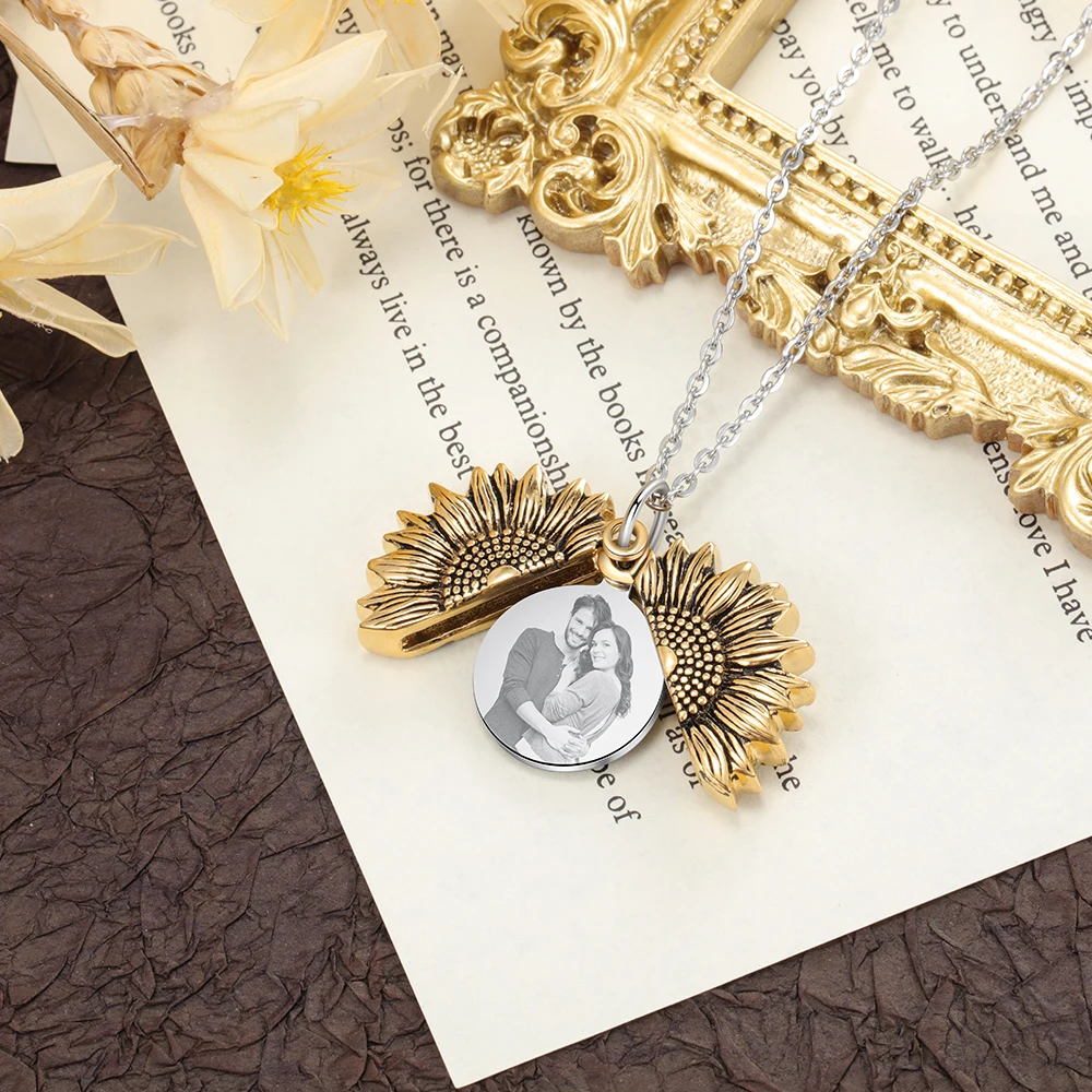 JewelOra Personalized Sunflower Photo Necklace Customized Name Engraved Locket Pendants for Women Christmas Anniversary Gift