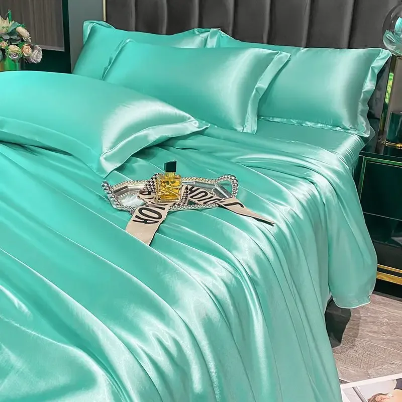 Solid Silk Bedding Set with Duvet Cover Bed Sheet Pillowcases Luxury Satin Single Double Bedsheet King Queen Twin Size