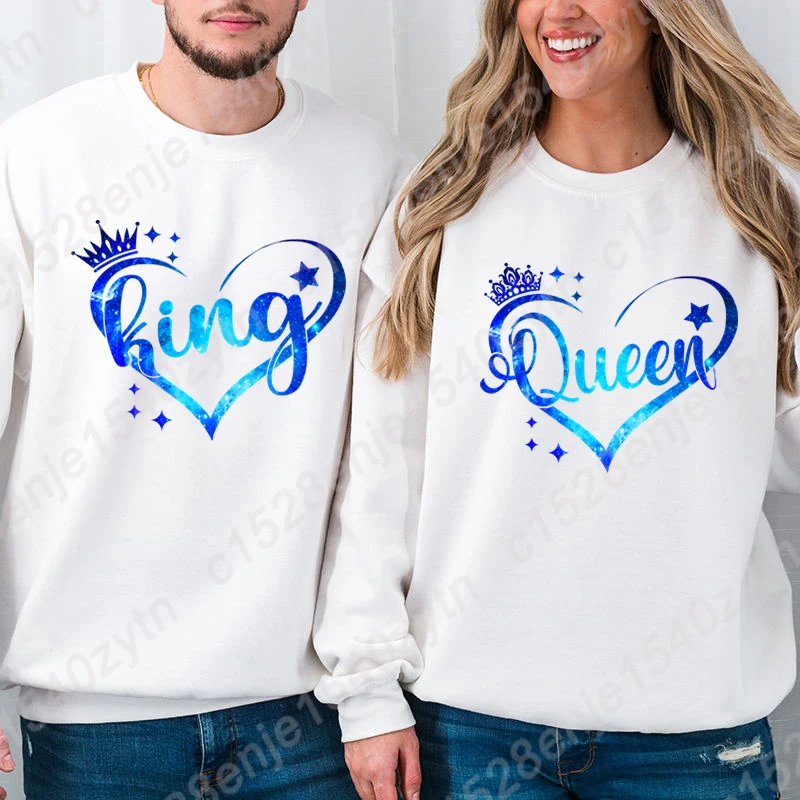 King And Queen Print Long Sleeve Pullover Matching Couple Sweatshirts Mr & Mrs Autumn Winter Tops Engagement Honeymoon Pullovers