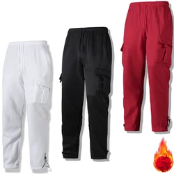 Men's Warm Cargo Pants Autumn Winter Multiple Pockets Sports Sweatpants Male Outdoor Loose Fleece Warm Jogger Pants Streetwear