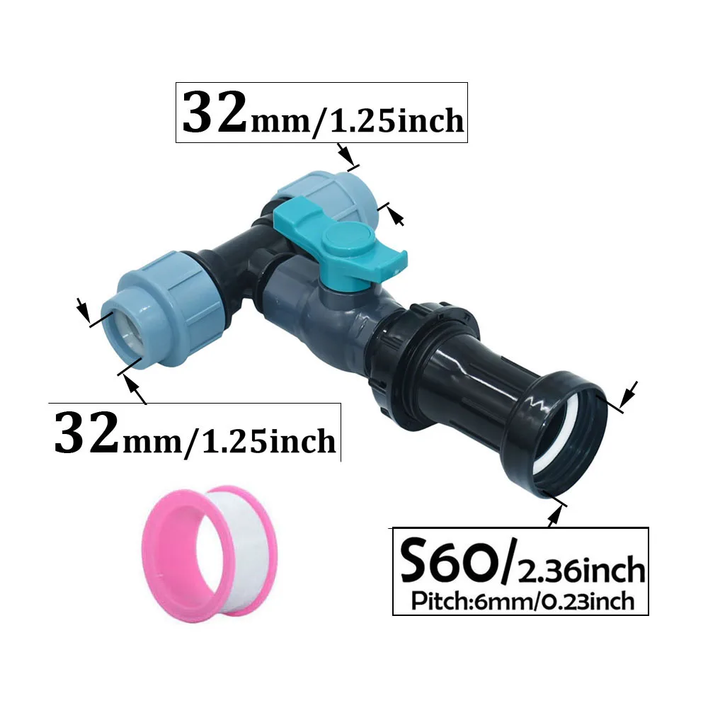IBC Tank Tap Adapter S60 x 20mm 25mm 32mm Tee Water Splitter DN15 DN20 DN25 Plastic PE Tube T-Shape Extended Connector