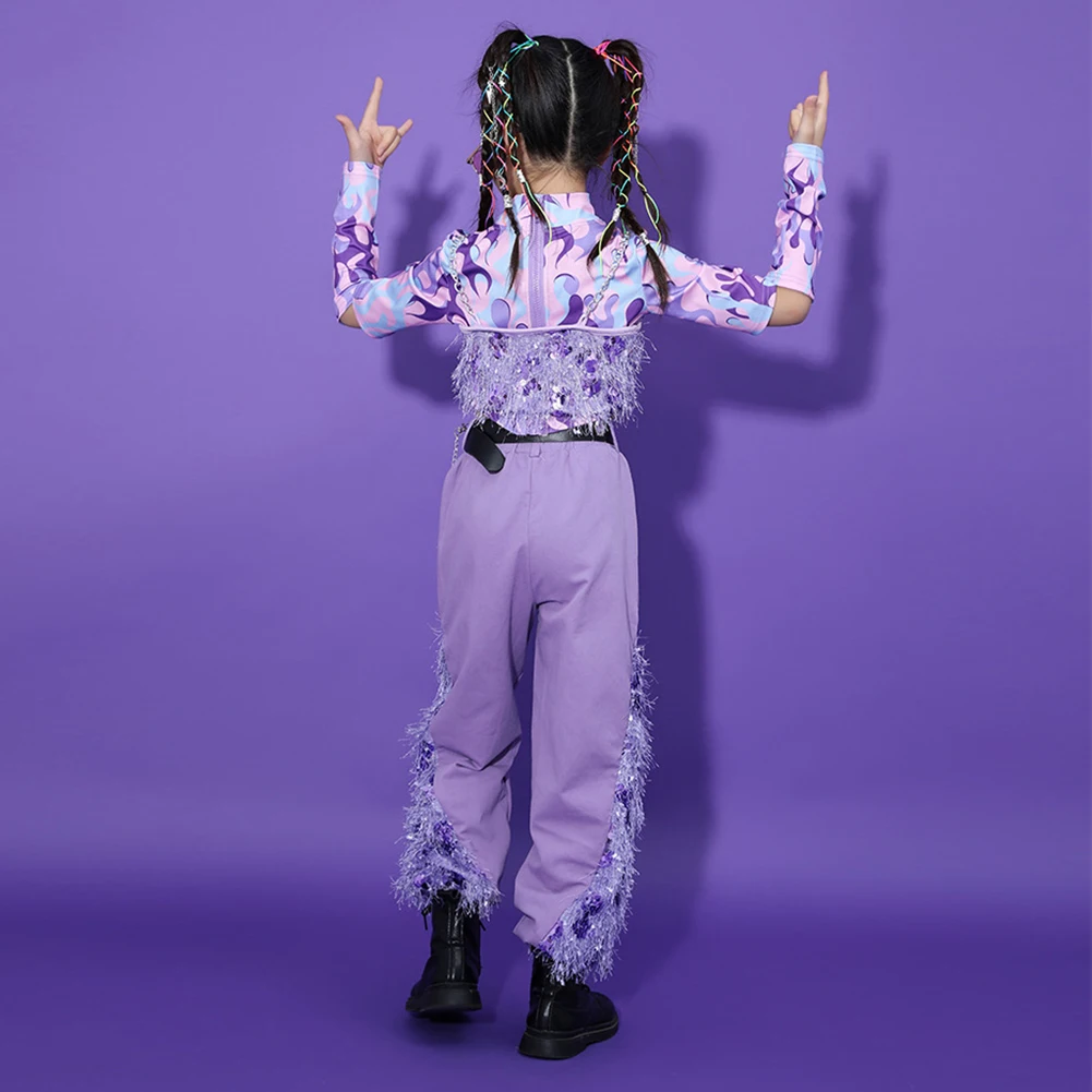 LOlanta-Disfraz de baile para niños y niñas, conjunto de Top y pantalones de lentejuelas, ropa de Jazz de Hip Hop, conjunto de actuación en equipo, púrpura, 4-16 años