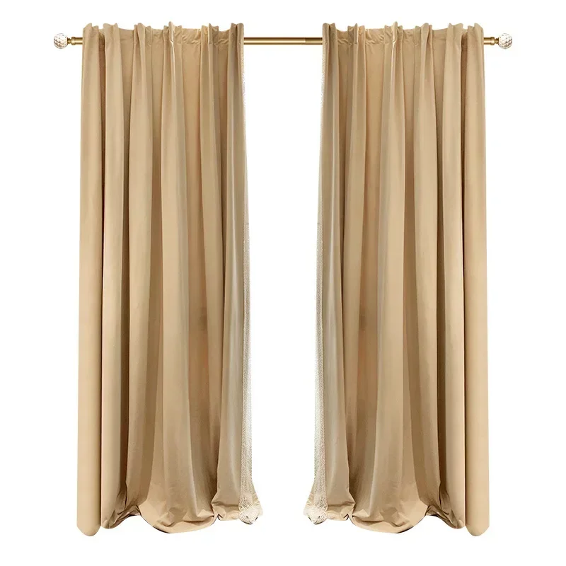 French Light Luxury Blackout Velvet Beautiful Romantic Fairy Milk Tea Color Lace Curtain Curtains For Living Dining Room Bedroom
