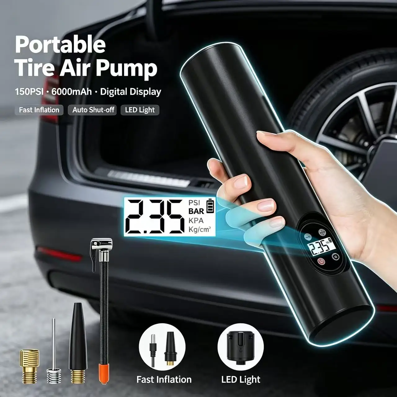 6000mAh Cordless Tire Inflator 150PSI Portable Air Compressor Digital Display Air Pump with LED Light for Car Motorcycle Bicycle
