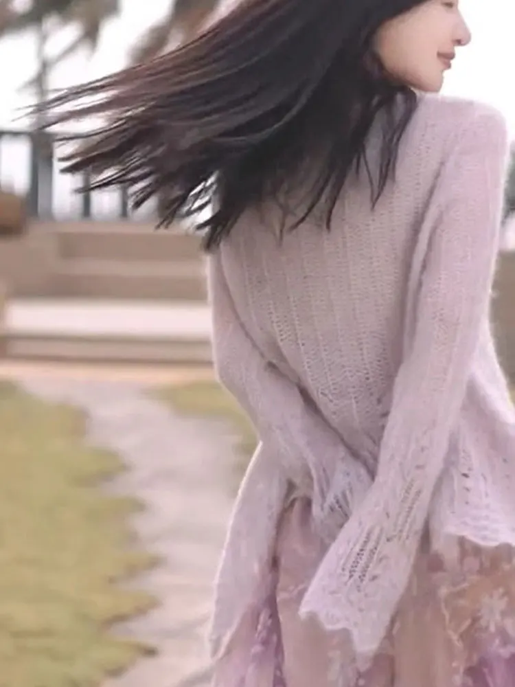 Hollow Knitted Long Sve Casual Pure Color Overhead Top Loose Slimming Sle Early Autumn Lazy Faion Leisure Anti-aging