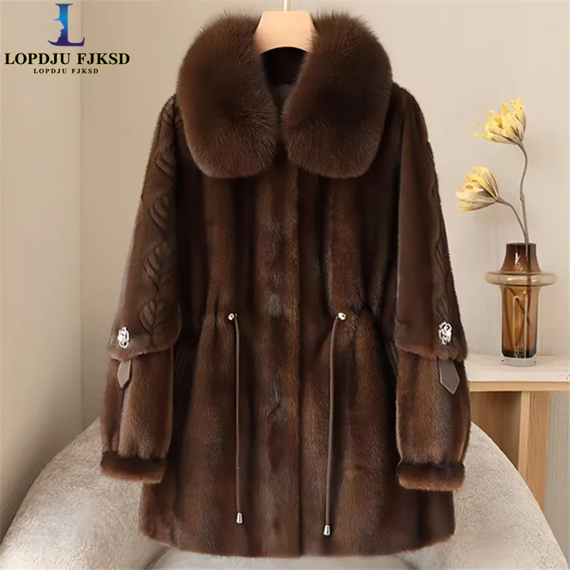 Faux Mink Fur Coat for Women,Adjustable Waist Long Jacket, Thick Warm Clothes,Fox Fur Collar,Spliced,Autumn and Winter