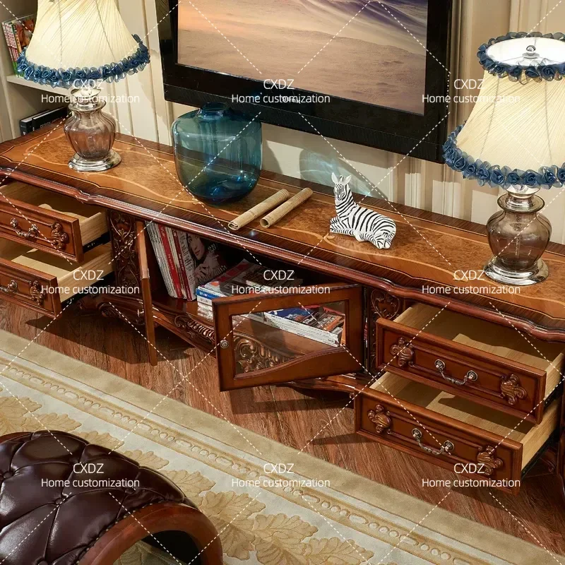 Natural Solid Wood TV Cabinet Oak Living Room Storage Unit French Carved Coffee Table Combo Furniture Home Decor