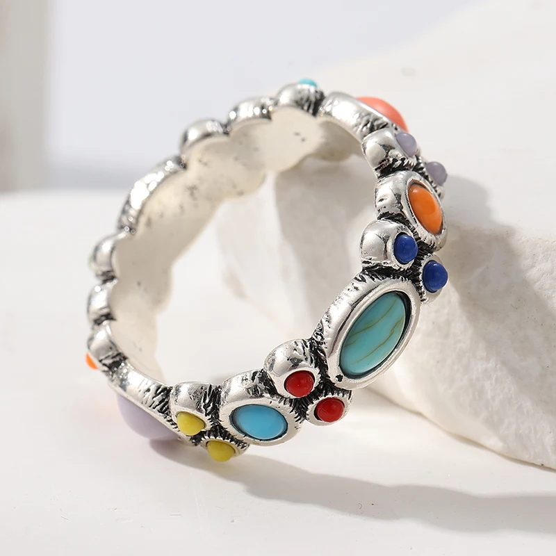 Vintage-Ring für Damen mit mehrfarbigen eingelegten Steinen, ethnische Silberfarbe, geometrisch, für den täglichen Gebrauch, Partyschmuck, Jubiläumsgeschenk – Detail 1