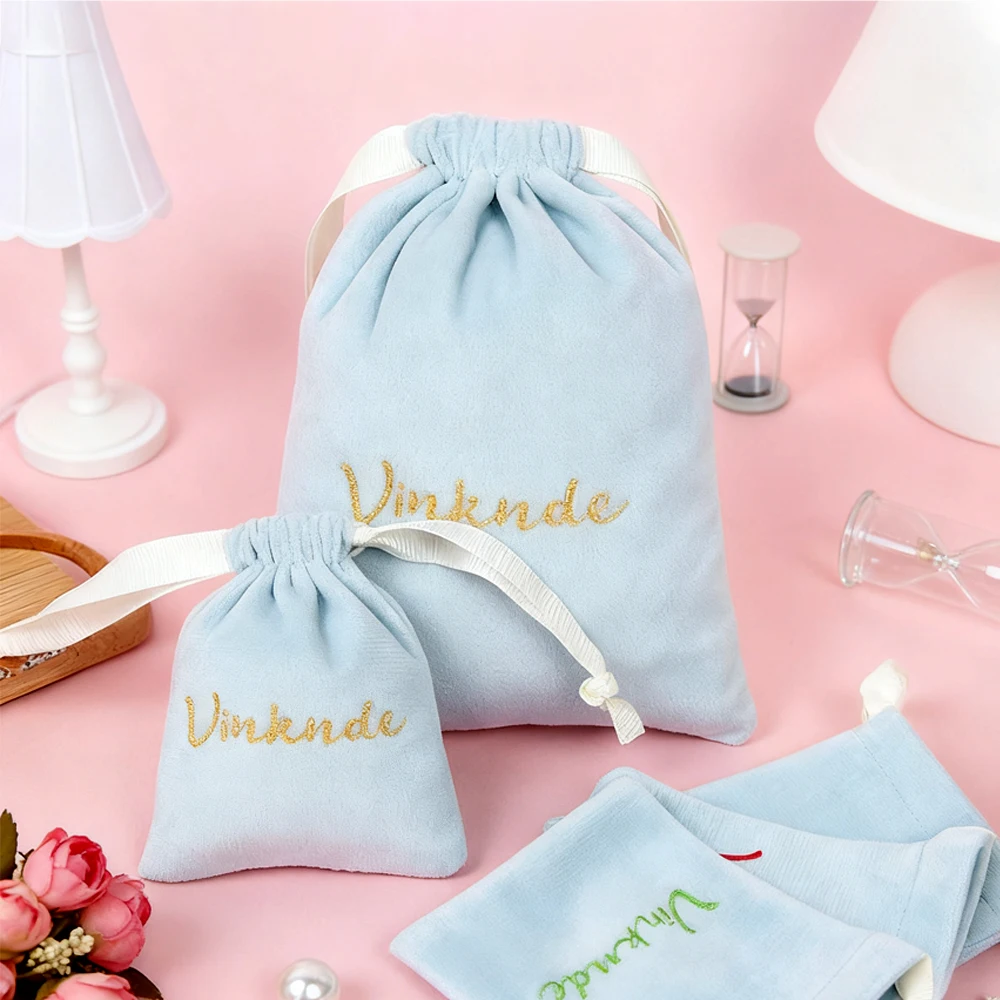 

Custom Logo Printing Sky Blue Velvet Drawstring Bags Dust Jewelry Bag Reusable Luxury Hair Bundle Wig Lingerie Candy Pack Pouch