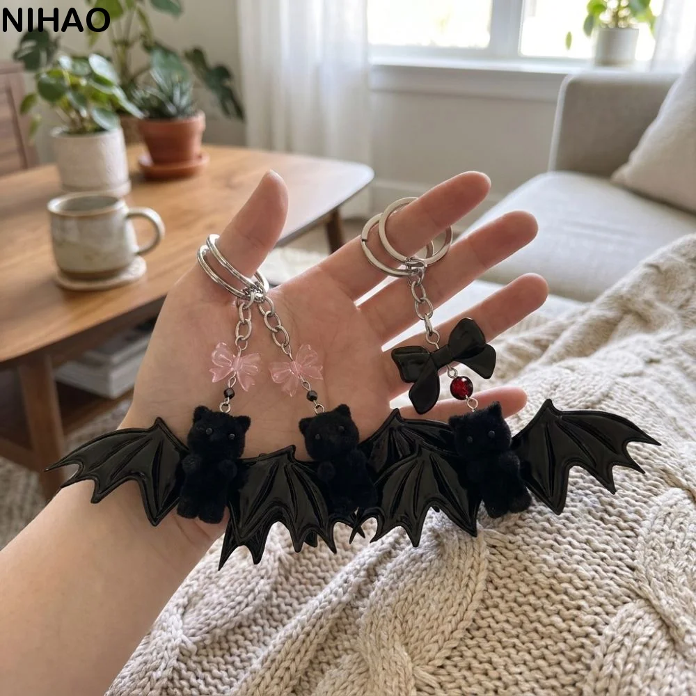 Gothic Style Bear with Wing Keychain Dark Fluffy Novelty Bow Bat Bear Bag Pendant Animal Soft Touch Plush Bat Bear Keyring
